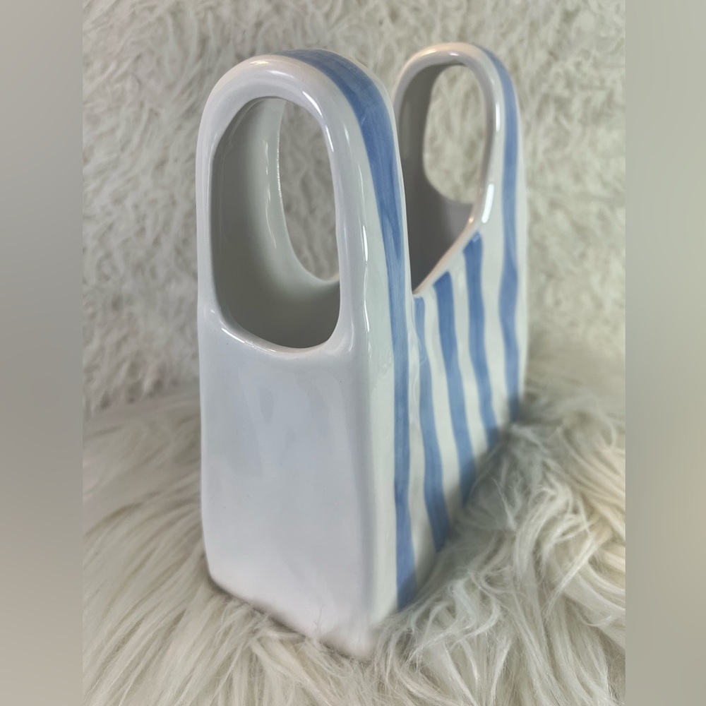 Nautical-Inspired White Ceramic Handbag with Blue Stripes - Elegant Home Décor - Picture 3 of 8
